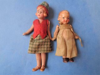 2.  5 " & 3.  5 " Antique Miniature Bisque German Dollhouse Dolls 1920s