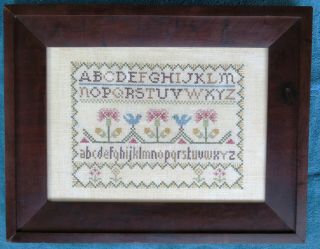 Antique,  Finished,  Framed Cross Stitch Sampler; Alphabet With Flowers & Birds