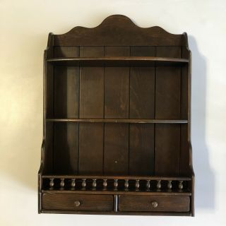 Vintage Dark Wooden Trinket Display 3 Shelves 2 Drawers Wall Hanging Farm 25”