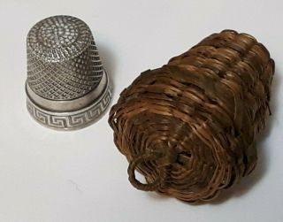 Sterling Sewing Thimble And Indian Made Sweet Grass Thimble Holder