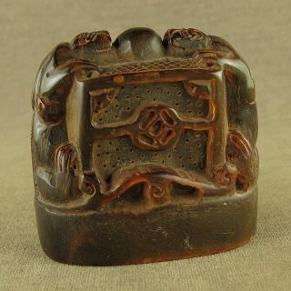 Carved With 2 Dragon Play Bead In Chinese Old Ox Horn Carving Seal