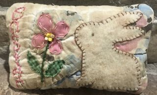 Primitive Easter Bunny Rabbit & Flower Shelf Pillow - Made From Vintage Quilt