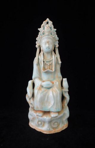 Fine Old Chinese " Guanyin " Buddha Celadon Porcelain Statue Sculpture