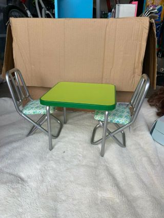American Girl Doll Chrome Table & Chairs Retro Green Vinyl Diner Kitchen Set