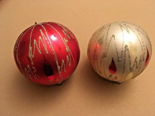 2 Large 4.  5 " Vintage Red,  White,  Glass Christmas Ornaments.  West Germany.