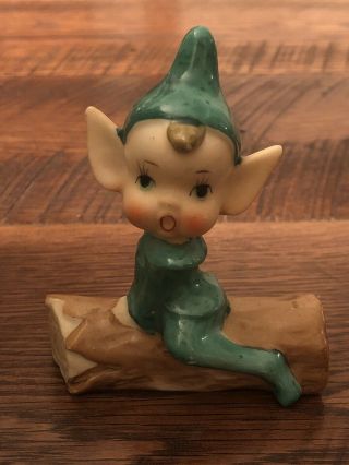 Vintage Rare Green Elf/pixie Sitting On Log Huge Pointed Ears Ceramic Figure Jap