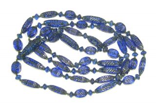 Antique Egyptian Revival Blue Glass Art Deco Beads Knotted Strand Necklace