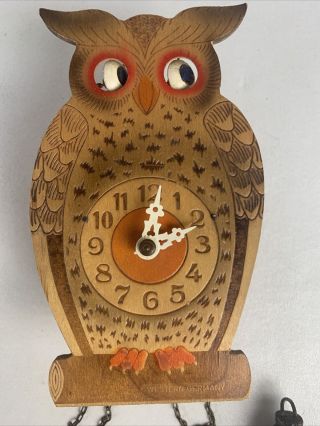 Antique Carved Pyrography Wooden Wood Owl Clock W/ Moving Eyes Germany West