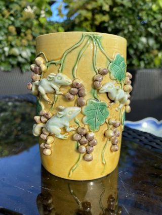 A Rare 19th Century Chinese Yellow Glazed Carved Brush Pot