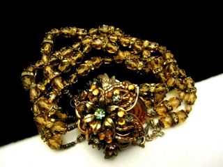 Rare Vintage Signed Miriam Haskell 7” Gilt Amber Glass Rhinestone Bracelet A71