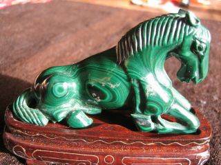Vintage Malachite Horse 3 1/4 " Scupture W/silver Wire Inlaid Wooden Stand,  China