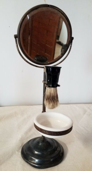 Antique Shaving Stand With Mirror Cup & Shave Brush 2