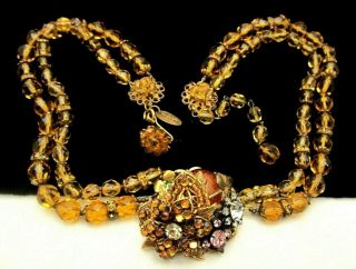 Rare Vintage Signed Miriam Haskell Gilt Rhinestone Amber Glass 16 " Necklace A71