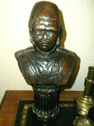 Rare Antique 19th C Folk Art Large Hand Carved Oak Wooden Bust Of General Gordon