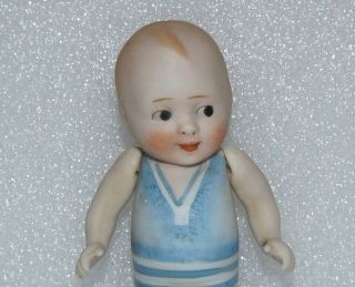 Antique German All Bisque Boy Striped Molded Bathing Suit Vtg Jointed Arms Doll