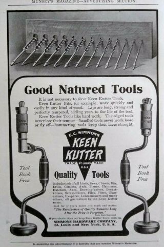 1906 Antique Keen Jutter Hand Drill Tool Art Simmons St Louis Vintage Print Ad