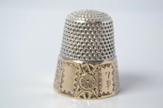 Antique Sterling Silver And 14k Gold Etched Thimble Size 7