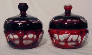 2 Antique Bohemian Czech Ruby Red Cut To Clear Crystal Dresser Boxes