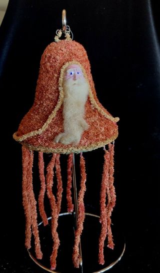 Antique Spun Cotton Santa On Bell German Christmas Ornament