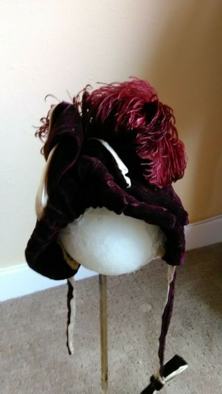 Antique Hat For Bisque Dolls Med - Large Sized Maroon And Velvet With Feathers