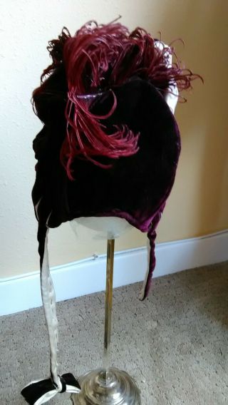 Antique Hat for Bisque Dolls Med - Large Sized Maroon and Velvet with Feathers 2