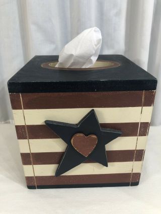 Rare Tissue Box Wood Cover Americana Flag Red White Blue 6 " X6 " Star Heart Decor