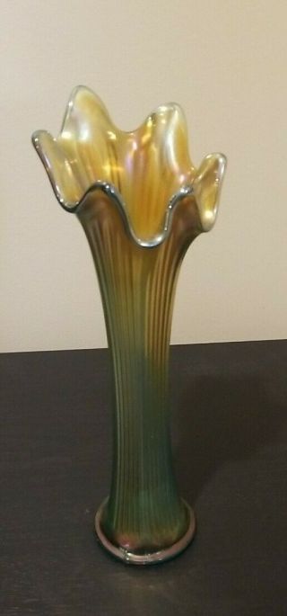 Wonderful Fenton Art Carnival Glass Ribbed Vase Antique Iridescent Green Gold