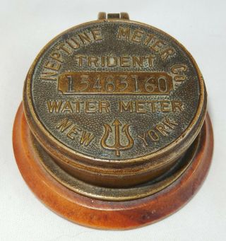 Antique Brass Neptune Trident Water Meter N.  Y.  Mounted On A Wooden Base