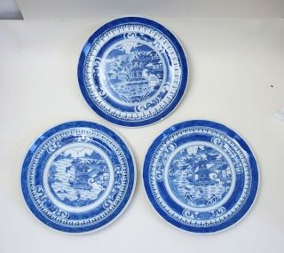 Three Fine Antique Chinese 18th Century Blue And White Porcelain Plates