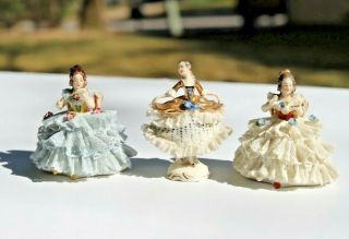 Three Antique German Dresden Porcelain Ladies,  Two Seated One Dancing