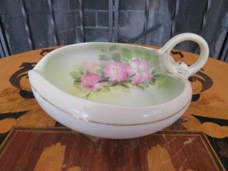 Antique Nippon Hand - Painted Flower Trinket Candy Heart Boat Shaped Dish W/handle
