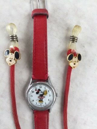 Vintage Disney Minnie Mouse Watch And Rare Mickey Mouse Eyeglass Holder Lanyard