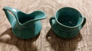 Red Wing Pottery Gypsy Trail Reed Pattern Cream & Sugar Set Turquoise Rare