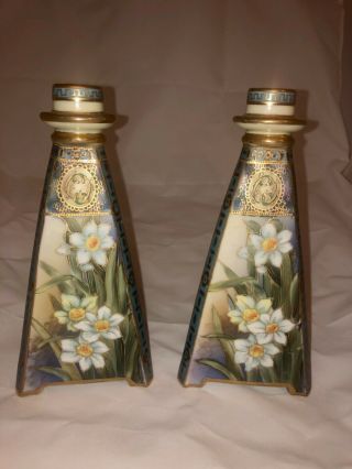 Rare Pair Art Nouveau Noritake Nippon Candlesticks Japan Japanese Daffodils Art