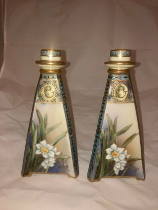 Rare pair art nouveau noritake Nippon candlesticks Japan Japanese daffodils art 5