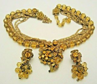 Rare Vintage Signed Demario Gilt Amber Crystal Rhinestone Necklace Earrings Set