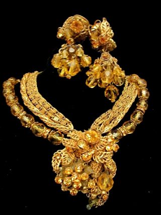 Rare Vintage Signed DeMario Gilt Amber Crystal Rhinestone Necklace Earrings Set 2