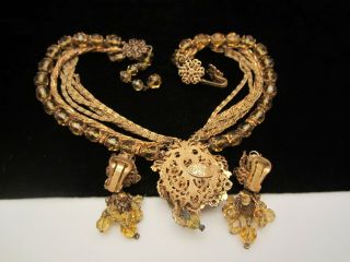 Rare Vintage Signed DeMario Gilt Amber Crystal Rhinestone Necklace Earrings Set 3
