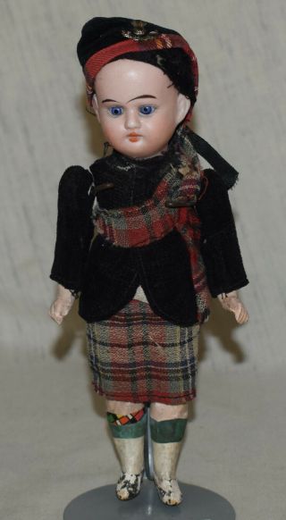 Vintage Bisque Head Scottish Doll In Kilt - 8 " Tall - Includes Stand