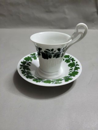 Antique Vintage Meissen Green Vine Cup And Saucer With Snake Swan Handle