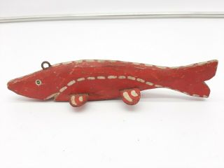 Vintage Red & White Ice Fishing Decoy Weighted Carved Wood & Metal / Unsigned