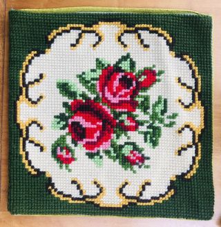 Vintage Hand Made Pillow Cushion Cover Red Pink Roses 16x16 Boho Cross Stitch