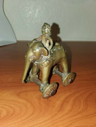 Antique Brass Elephant Temple Toy Rider India 1900s Ornate W/ Wheels
