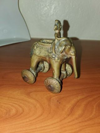 Antique Brass Elephant Temple Toy Rider India 1900s Ornate w/ Wheels 2