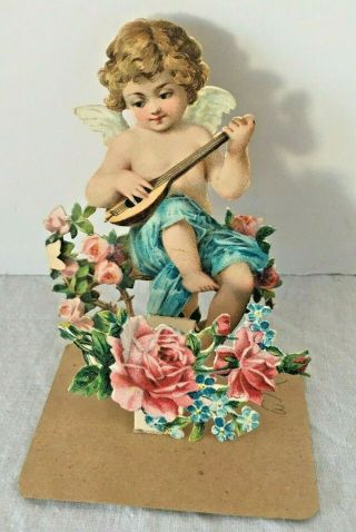 Antique Victorian Valentine Pop Up Fold Out Cupid Lyre Pink Roses Germany