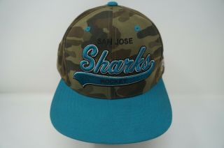 Rare Vtg Mitchell & Ness San Jose Sharks Script Camo Snapback Hat Cap Camouflage
