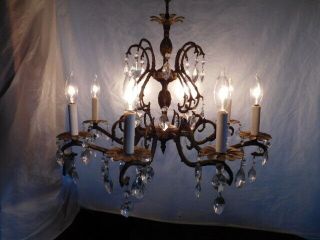 Antique Bronze Made In Spain Chandelier Ceiling Fixture Crystals Brass Old Rare