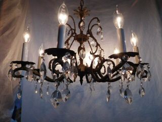 antique bronze made in Spain chandelier ceiling fixture crystals brass old rare 3
