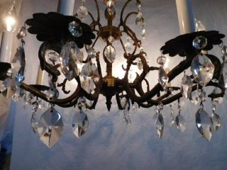 antique bronze made in Spain chandelier ceiling fixture crystals brass old rare 4