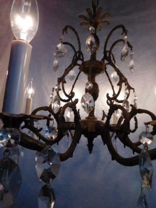 antique bronze made in Spain chandelier ceiling fixture crystals brass old rare 5